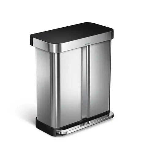 Simplehuman 58L Recycling Rectangular Pedal Bin with Black Plastic Lid, Brushed Stainless Steel