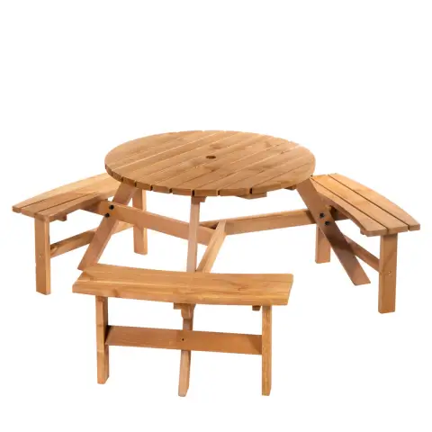 Outsunny 6 Seater Wooden Picnic Table and Garden Benches Set, Round Garden Dining Set with 3 Benches and Umbrella Hole Outdoor Park, Brownish Red