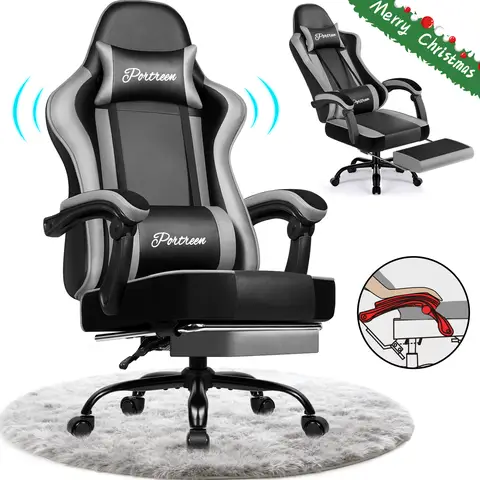 Gaming chair, ergonomic office chair with telescopic footrest, gaming chair with headrest and lumbar support, upholstered gaming armchair 150 kg, height-adjustable gaming chair, grey
