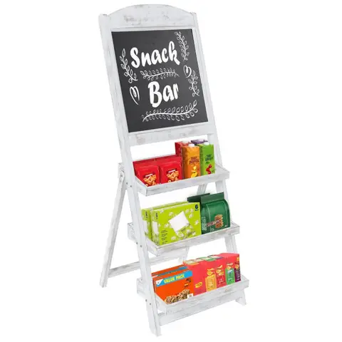 MyGift Shabby Weißgewaschenes Holz Freistehende Kreidetafel Staffelei mit 3-stufigen Regalen, Dekoratives Kreidetafel-Pflanzenregal