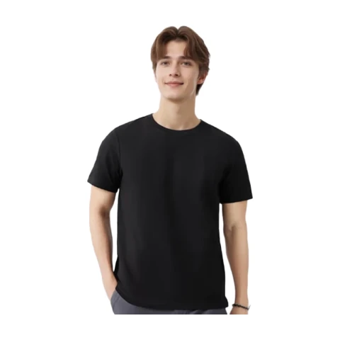 ochama x J.ZAO Herren T-Shirt mit kurzen Ärmeln, Baumwolle, Basic Shirt, Schwarz L