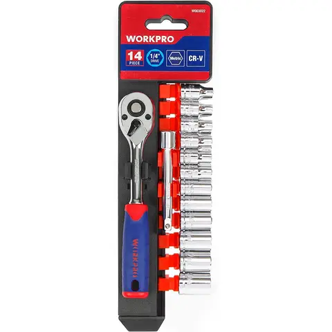 WORKPRO 14-teiliges metrisches Steckschlüssel-Set (4-13mm), rostfreier Cr-V Stahl, 1/4" Schnellspannratsche 72 Zähne mit Verlängerungsstange