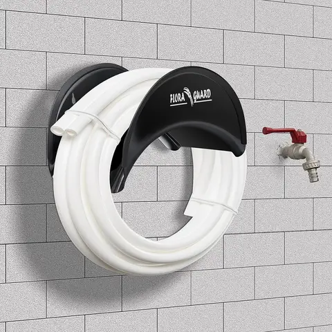 FLORA GUARD 29cm Hose Hanger, Wall-Mounted Metal Hose Holder, Anti-Corrosive Hose Bracket for Wall Storage (Black)