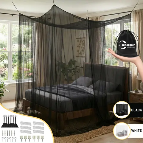 LeBonsoir Four-Sided Bed Mosquito Net, Mosquito Net/Bed Tent/Bed Curtain/Bed Cover/Bed Screen, Rectangular Outdoor Mosquito Net for Camping/Home/Outdoor/Travel, with 6 Hanging Rings and 2 Openings (Black, L200 x W180 x H180 cm)