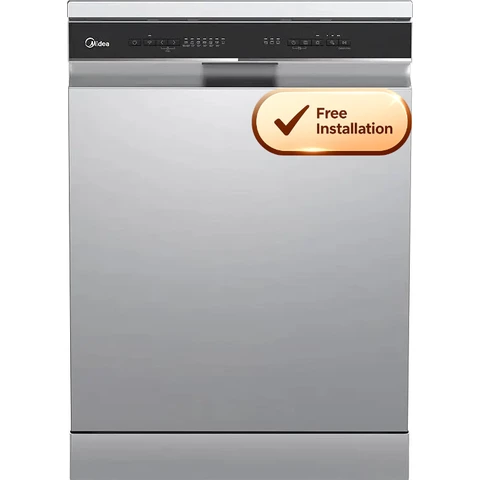 Midea MDWEF1433D(SS)-WG-UK Freestanding Full Size Dishwasher With Cutlery Tray, Stainless Steel, C Rated