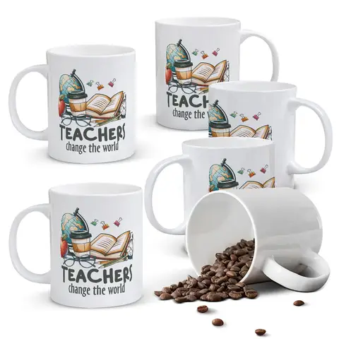 Alphynix 1pc 11oz White Mug with "TEACHERS Change the World" Quote & Educational Icons, Inspirational Christmas or Thanksgiving Gift for Educators