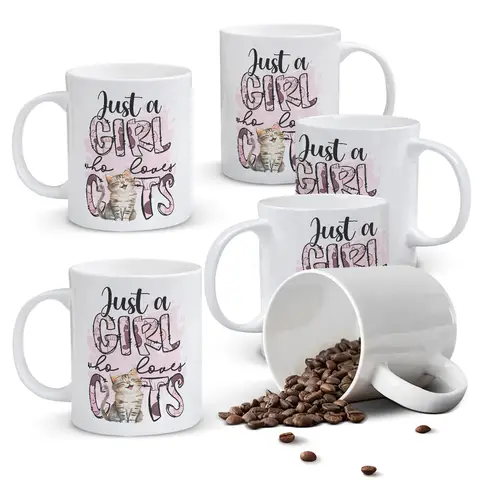 Alphynix 1pc 11oz White Mug with "Just a GIRL Who Loves CATS" Quote & Pink Cat Silhouette Letters, Cute Christmas or Thanksgiving Gift for Cat Ladies