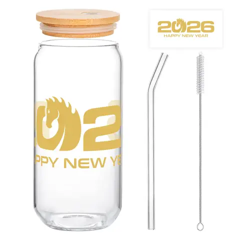 Alphynix 1 Verre Nouvel An chinois, 500ml gobelet à boisson glacée avec motif zodiacal cheval, message doré "BONNE ANNÉE", complet avec couvercle bambou pour boissons froides,Le cadeau de la saint-valentin, cadeau d’anniversaire