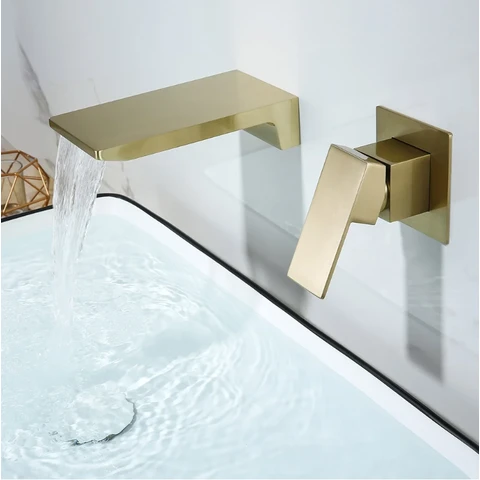Homary Waterfall Wall Mounted Brushed Gold Bathroom Basin Tap Single Lever Handle