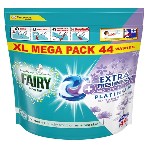 Fairy Platinum PODS, Washing Liquid Laundry Detergent Capsules, Non Bio, Silk Tree Blossom & Jasmine, 44 Washes