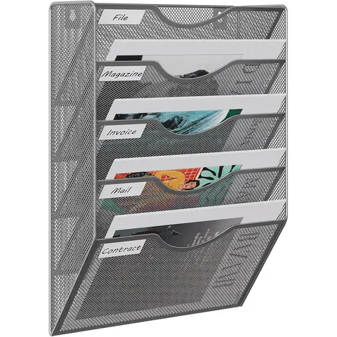 5 Tier A4 Mesh Wall Pocket File Holder,Silver