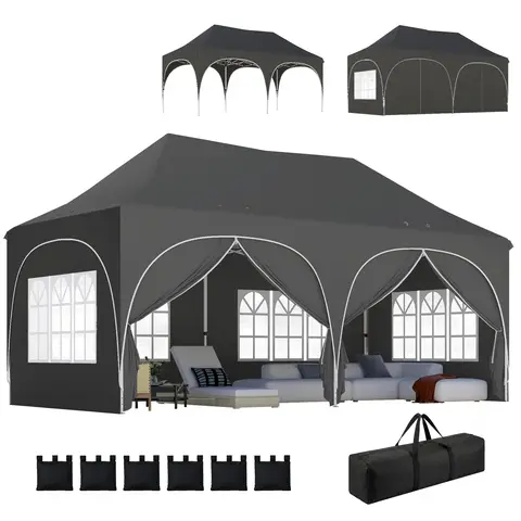 Outsunny 3 x 6m Pop Up Gazebo with Sides, 6 Sandbags, Peak Top Height Adjustable Outdoor Garden Party Tent Marquee Wedding Awning Canopy Instant Event Shelter with Carry Bag, Windows, Dark Grey