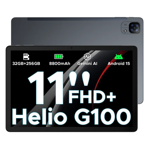 DOOGEE Tab E3 Android 15 AI Tablet， 32GB RAM， 256GB Storage (Expandable to 2TB)， 11-inch FHD+ 90Hz Display， Helio G100 Gemini Gaming， 8800mAh， Gray