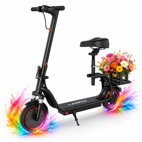 Ladped LPH2 PRO Trottinette électrique avec siège réglable, moteur 350 W, 30 km/h, jusqu'à 35 km d'autonomie, contrôle par application, pneus pleins 8,5 », double système de freinage, trottinette de transport pliable pour adultes, panier arrière