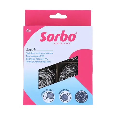 Sorbo Stainless Steel Pan Scourers, 4 Pack, Strong & Durable Scrubbers for Tough Cleaning Tasks – Perfect for Pots, Pans, BBQs, and Ovens