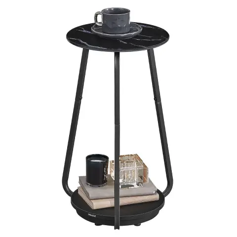 VASAGLE Table ronde de chevet Table de salon 2 niveaux avec plateau en verre et étagère en aggloméré pour salon, chambre, petites pièces, style moderne, marbre noir LET