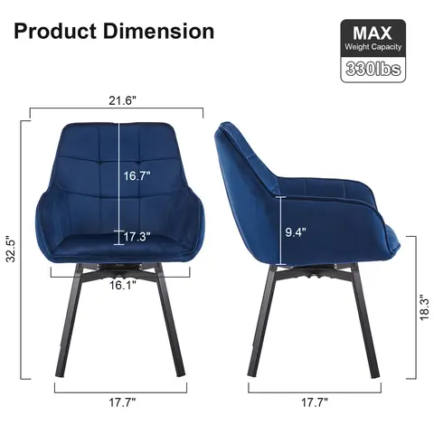 CLIPOP Set of 2 Dining Chair Velvet Padded Seat 360°Swivel Armchair with Backrest and Metal Legs,Rotatable Desk Chair for Home Office/Living Room/Bedroom 0199 velvet blue 54*59*83 cm