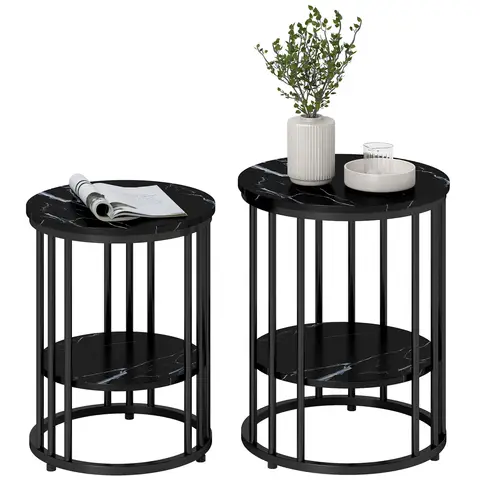 HOMCOM Round Coffee Table Set of 2, Marble-Effect Side Tables with Storage Open Shelf and Steel Frame Black