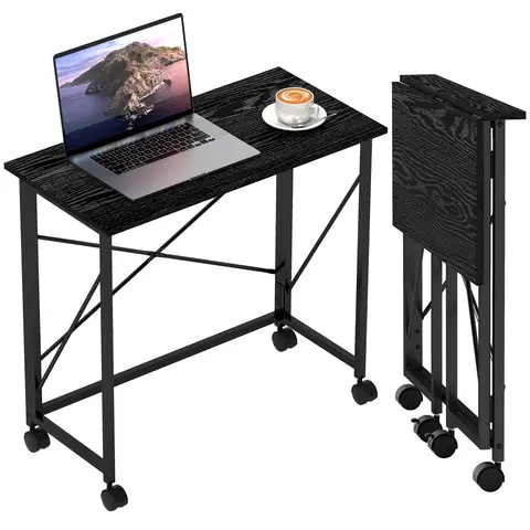 HOMCOM Small Folding Desk, 80 cm Foldable Computer Desk on Wheels for Small Space Space Saving Writing Table Black