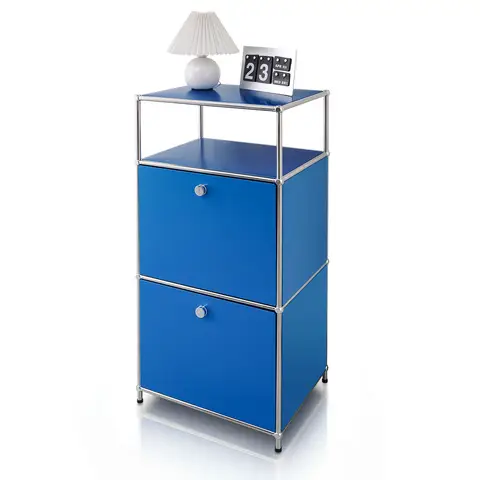 Floordirekt Concept Epure MK-120 Étagère en Métal avec Portes - Cadre Chromé, Noir Blanc Gris Bleu, 50 x 40 x 100 cm Bleu