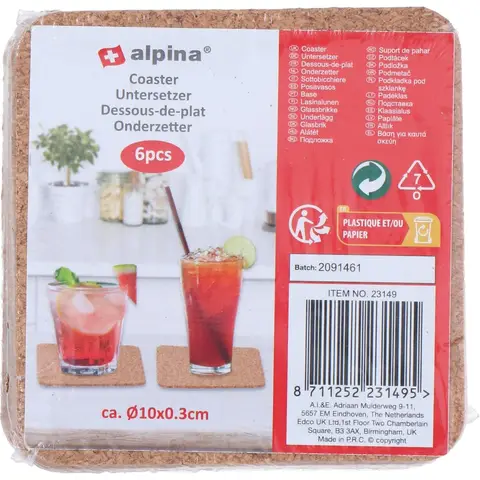 Alpina kurken onderzetters set - 6 stuks, 10 cm, bruin