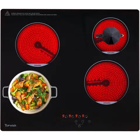 Topwish 4-Zone Glass Ceramic Cooktop, Built-In Electric Hob, Touch Control, Child Safety Lock, Overheat Protection, Residual Heat Indicator, 60cm, 6600W