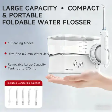 H2ofloss Portable Water Flosser, 6 Modes, 5 Spray Heads, 2500mAH Battery, 570ml Water Tank, IPX7 Waterproof, White