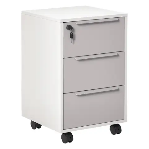 HOMCOM 3-Drawer Lockable Filing Cabinet, File Cabinet on Wheels, Mobile Office Storage Drawers for Home Office White and Grey