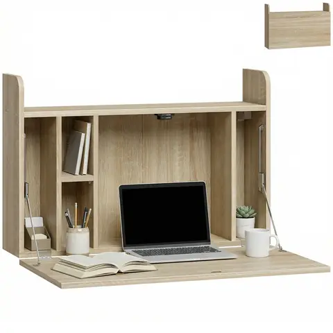 HOMCOM Wall Mounted Table, Drop Leaf Floating Laptop Desk with Space Saving Storage Compartments Oak