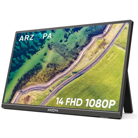 ARZOPA A1S tragbarer Monitor mit Kickstand, 14,0 Zoll ultraflacher tragbarer Laptop-Monitor, FHD 1080p externes Display mit Dual-Lautsprechern, Zweitbildschirm für Laptop, PC, Smartphone, Xbox, PS4/PS5, Switch