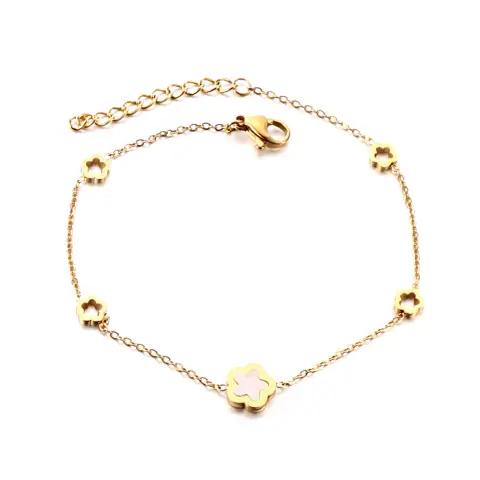 Five Peach Blossom Flower 18K Gold Plated Bracelet - 19cm long x 5 and 7mm Flowers