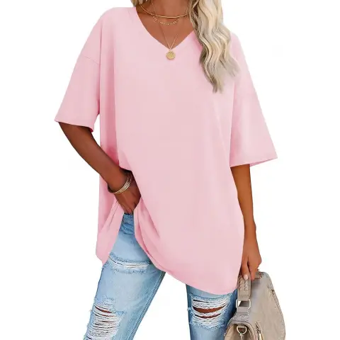 Women's Oversized Tshirts V Neck Tee Shirts Half Sleeve Loose Fit T Shirt Cotton Tunic Tops 2025 (Pink, L)