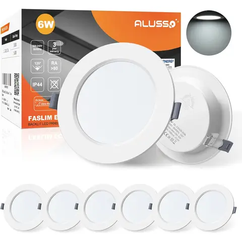 Alusso LED Recessed Spotlight, Ultra Flat, 6 W, 230 V, IP44, Cool White, 6500 K, Recessed Lights, LED Installation Depth 25.5 mm, Slim Ceiling Spotlight for Bathroom, Living Room, Set of 6 [Energy Class F]