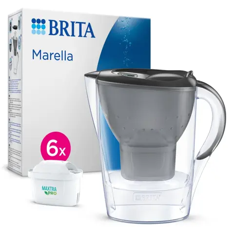 BRITA Marella Water Filter Jug Graphite (2.4L) incl. 6x MAXTRA PRO Pure Performance cartridge - fridge-fitting pitcher with digital LTI and Flip-Lid reduces chlorine, limescale and impurities