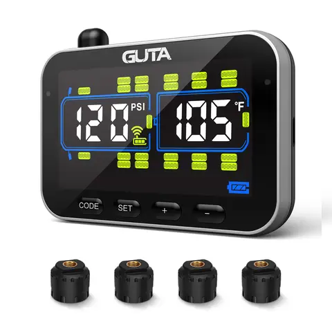 GUTA RV/Trailer Tire Pressure Monitoring System with 4 Sensors, 0-188PSI Real-Time Monitoring, 6 Alarms, LCD Color Screen, Long-Distance Communication, Supports Up to 24 Tires, GT20C+4GS02