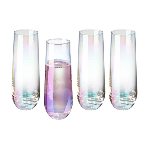 MyGift 9 oz Moderne Champagnerflöten Set aus 4, Irisierende Stiellose Sektgläser, Regenbogen Transparente Prosecco Weingläser, Cocktail Mimosa Set, Feiertags-Neujahrsanstoßen