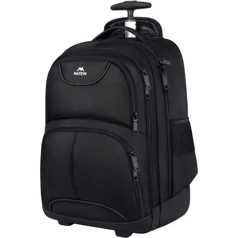 MATEIN Sac à dos de voyage à roulettes, rucksack à roulettes, format cabine, compatible ordinateur portable 17 pouces, valisette de cabine, bagage à main, sac à dos scolaire, pour femmes et hommes, unisexe, noir, offre spéciale Nouvel An, sélection cadeaux