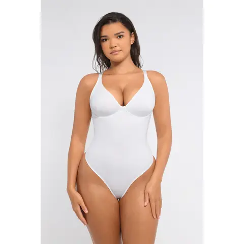 Feelingirl Valentine's Day Style Plunge V-Neck Sexy Vibe Thong One-Piece Tummy control Bodysuit for Women XL WH