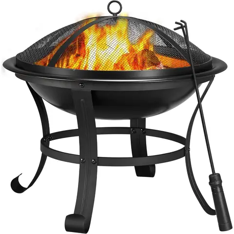 Yaheetech Outdoor-Feuerschale, rund, aus Stahl, mit Maschengitterabdeckung, Feuerpoker und Holzrost für Terrasse, BBQ, Camping und Lagerfeuer
