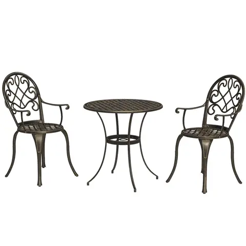 Outsunny 3 Piece Patio Bistro Set for 2, Outdoor Aluminium Garden Table and Chairs with Adjustable Footpads for Balcony, Garden and Patio, Bronze Tone