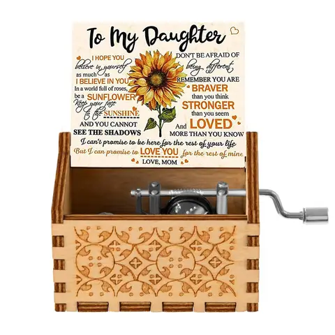 Alphynix 1pc Encouragement Music Box for Daughter, Features "Be a Sunflower" Quote and Motivational Messages, Hand-Cranked Wooden Gift from Mother