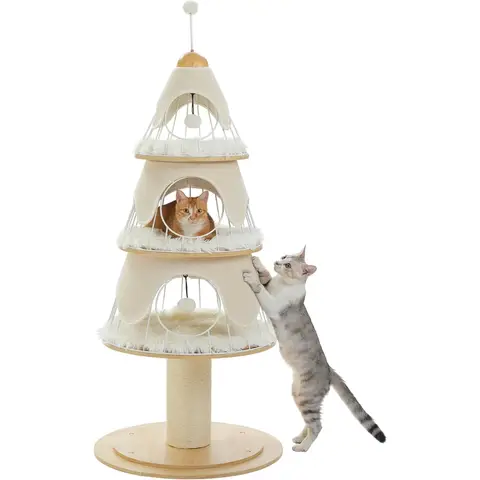 PAWZ Road Kerst Kattenboom, 130 cm, KattenTorre met 14 cm Sisal-bedekte Schraapstaf & 3 Grote KattenHutten, Grote KattenSchraapstaf voor Binnenkatten, Wit