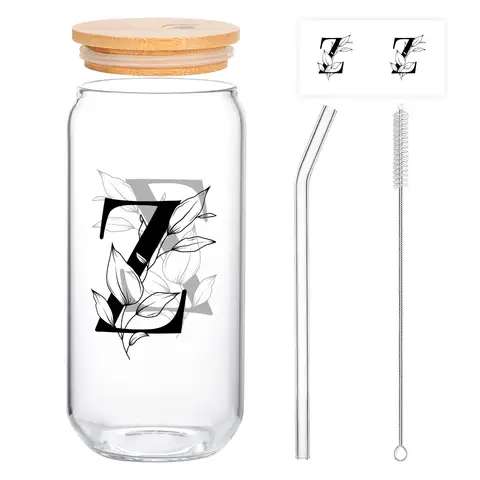 Alphynix 1pc Modern Glass Cup, 500ml Tall Iced Coffee Glass with Monogram "Z" Design, Bamboo Lid & Straw, Cold Drink Tumbler for Iced Tea, Juice, Boba