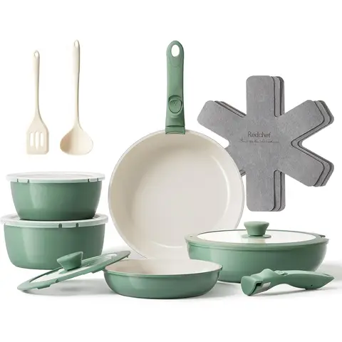 Redchef 16-Piece Detachable Handle Ceramic Cookware Set, External Green color & Internal White color, Includes 18cm/20cm Saucepans & 20cm/26cm Pans & Detachable Handle & Cooking mat，PTFE/PFAS/PFOA-Free, Dishwasher Safe
