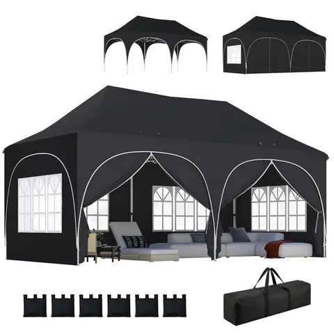 Outsunny 3 x 6m Pop Up Gazebo with Sides, 6 Sandbags, Peak Top Height Adjustable Outdoor Garden Party Tent Marquee Wedding Awning Canopy Instant Event Shelter with Carry Bag, Windows, Black