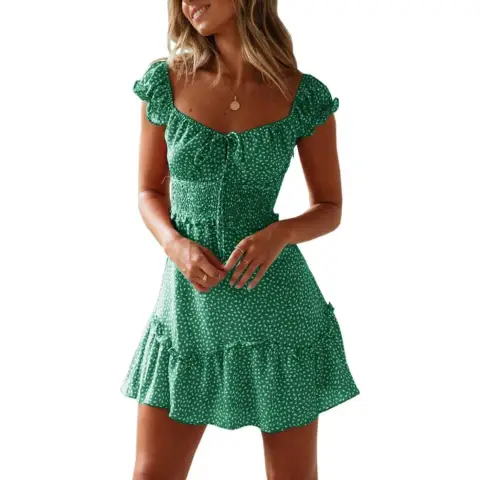 Women's Summer Ruffle Sleeve Sweetheart Neckline Printing Dress Mini Dresses (green, S)