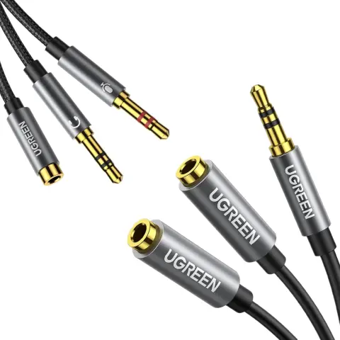 UGREEN Y Splitter Kabel Grau Audio Y Adapter Klinke 3,5mm Buchse auf Klinkenstecker (Headset & Mikrofon) Audio Y Splitter Kabel CTIA Standard für Kopfhörer, Computer usw. Nylon Ummantelung, 20cm