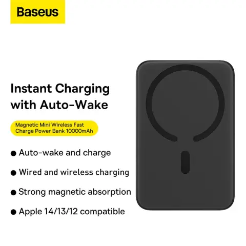 Baseus 10000mAh Mini Magnetic Wireless Power Bank - 30cm USB-C to USB-C Cable - Black