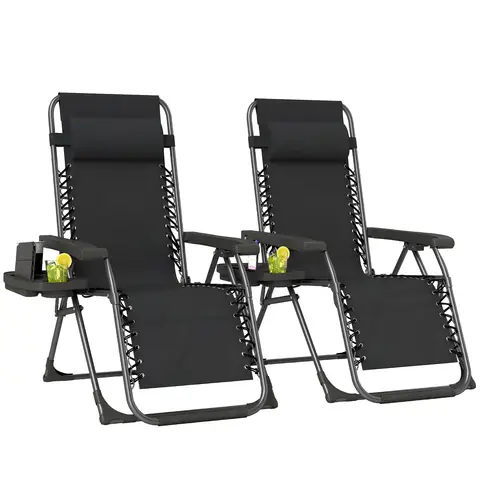Outsunny Zero Gravity Chairs Set of 2, Folding Adjustable Sunloungers Garden Recliners with Cup Holder and Headrest, Reclinin