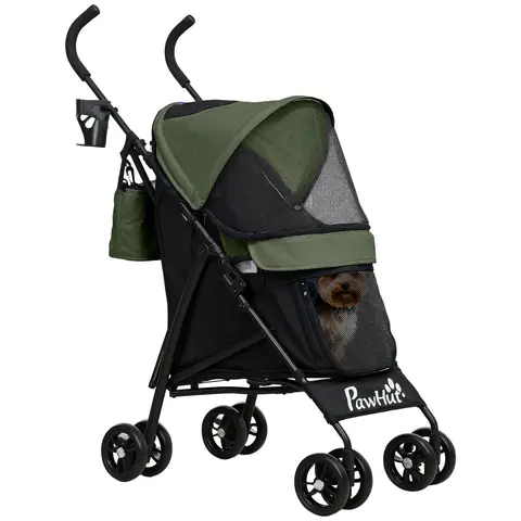PawHut Pet stroller for Miniature Dogs, Foldable Dog Stroller with Shoulder Strap, 4 Wheels Pet Pram with Storage Bag Green
